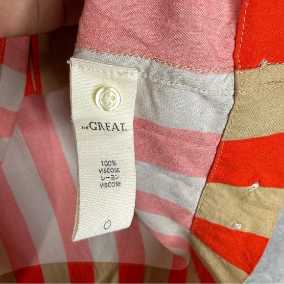 The Great. The Bowling Button Down Shirt Blouse In Sunset Stripe Orange Size 3 L - Picture 6 of 8